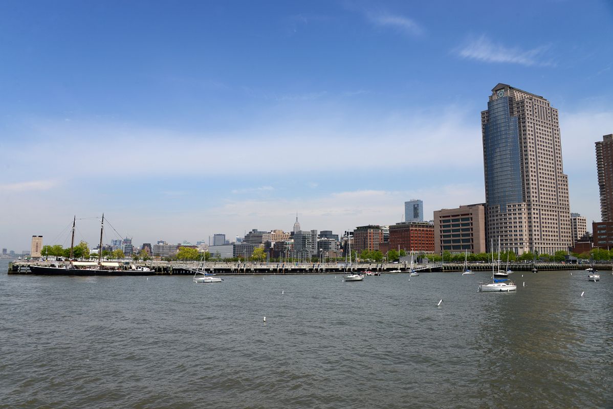 24-03 Pier 25 With Grand Banks Restaurant In Historic Wooden Schooner Sherman Zwicker, 388 Greenwich Travelers Building From Nelson Rockefeller Park In New York Financial District